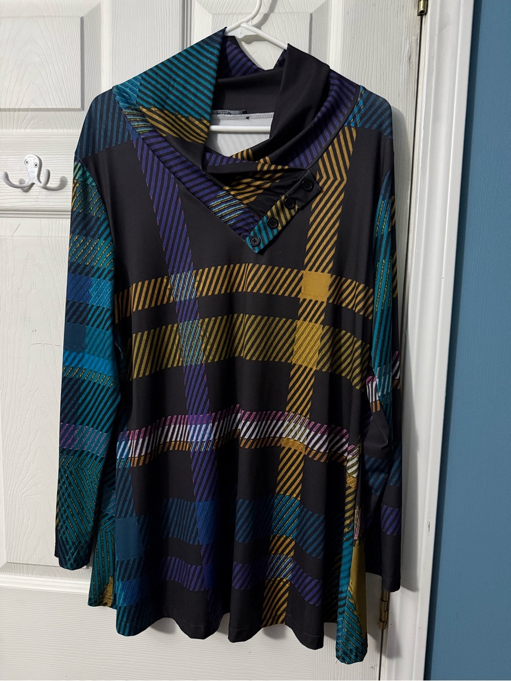 Plaid Button-Trim Cowl Neck Blouse - Black Multi